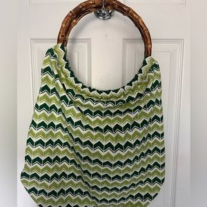 Lands End Boho Summer Tote Green and White with Rattan Handles NWT